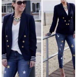 CAbi Grand Slam Blazer Womens 8 Navy Blue Gold Nautical Preppy Classic 5150 NWOT